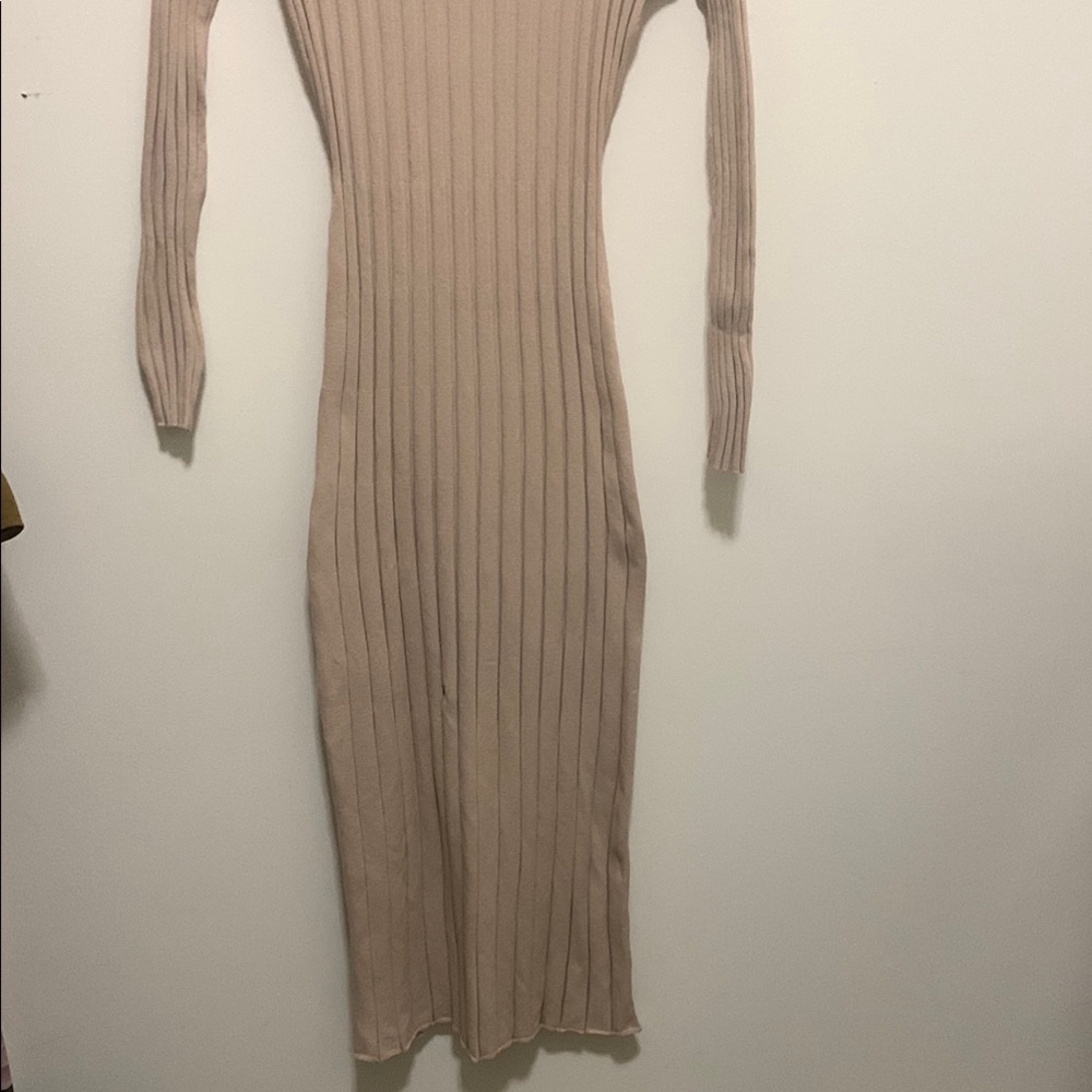 Beige Ribbed Knit Dress - Picture 3 of 4